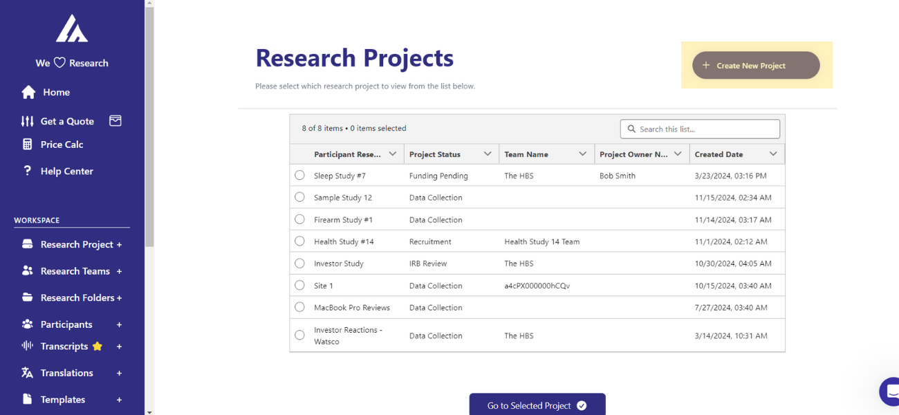 Creating a new research project