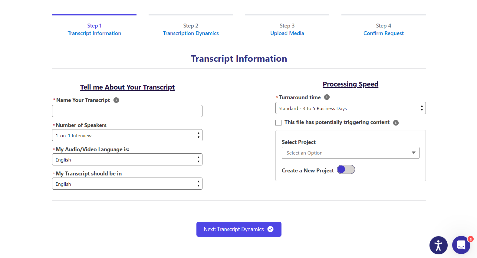 Transcript specifications setup