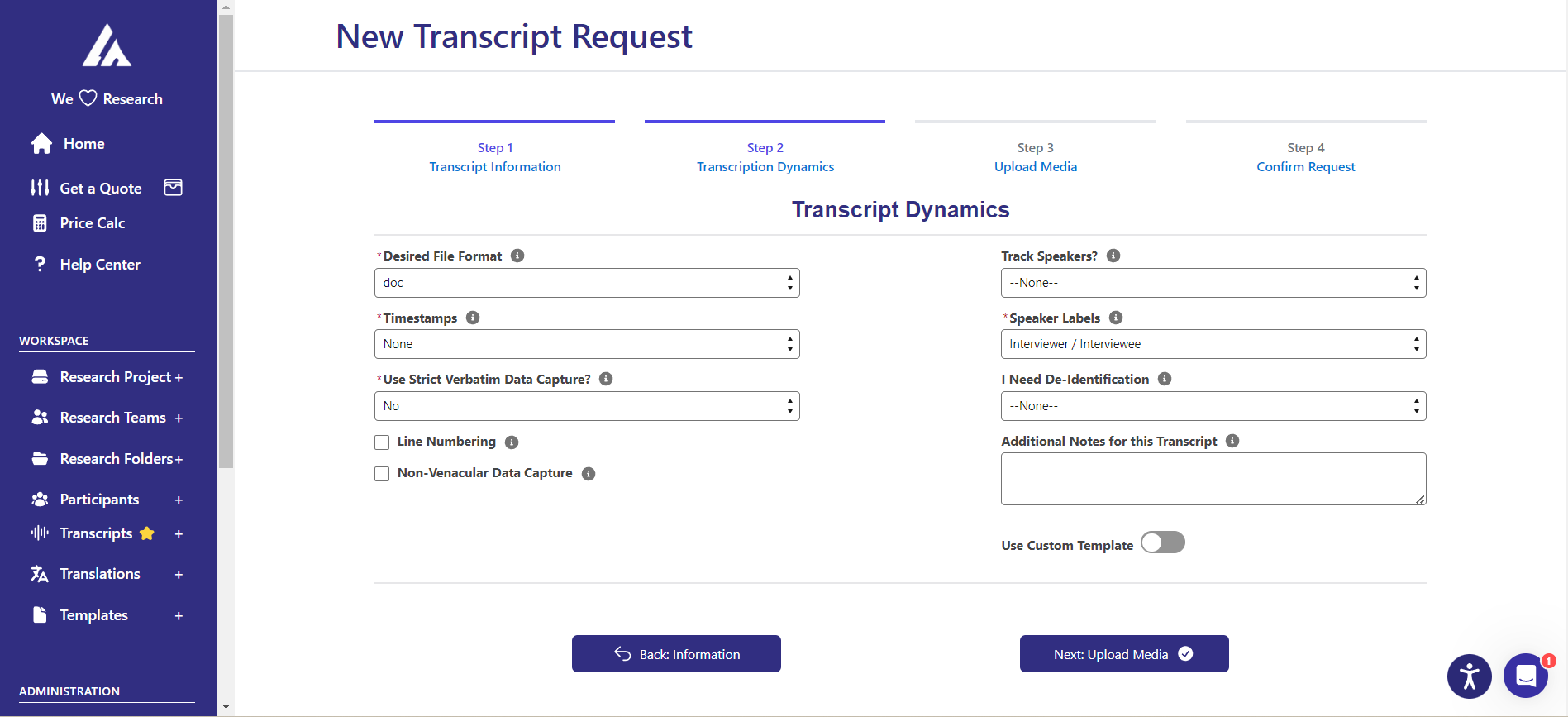 Transcript Dynamics Settings